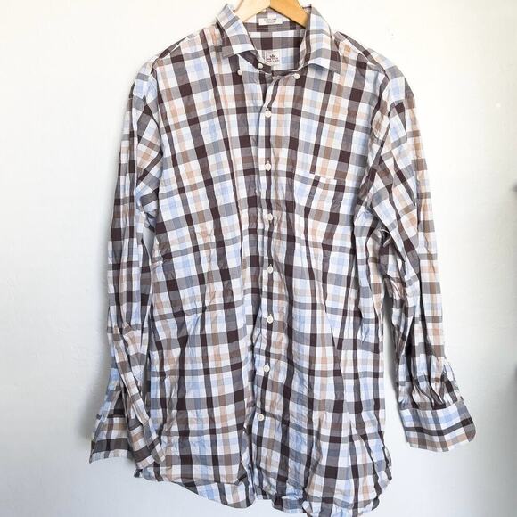 Peter Millar Plaid Button Down Dress Shirt XL Brown Blue Office Work Classic - Picture 4 of 5